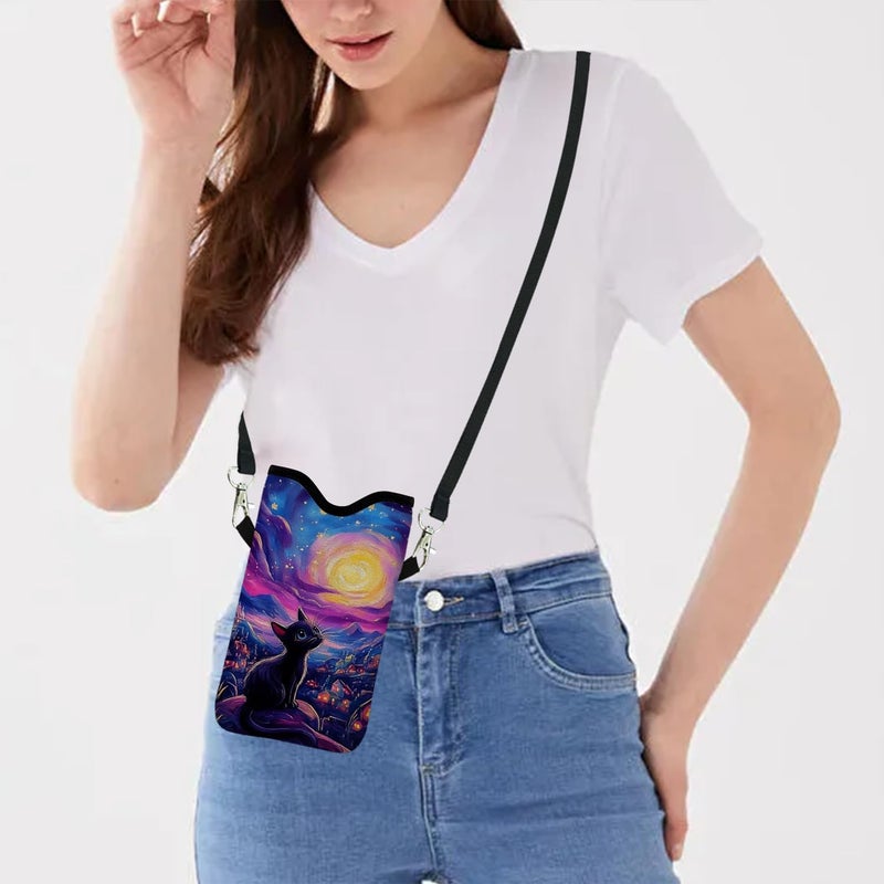 otilil Neoprene Cell Phone Sleeve Pouch Case Bag with Crossbody Strap Neck Lanyard for Women 7.1 X 3.9 in Cat Sky - Image 5